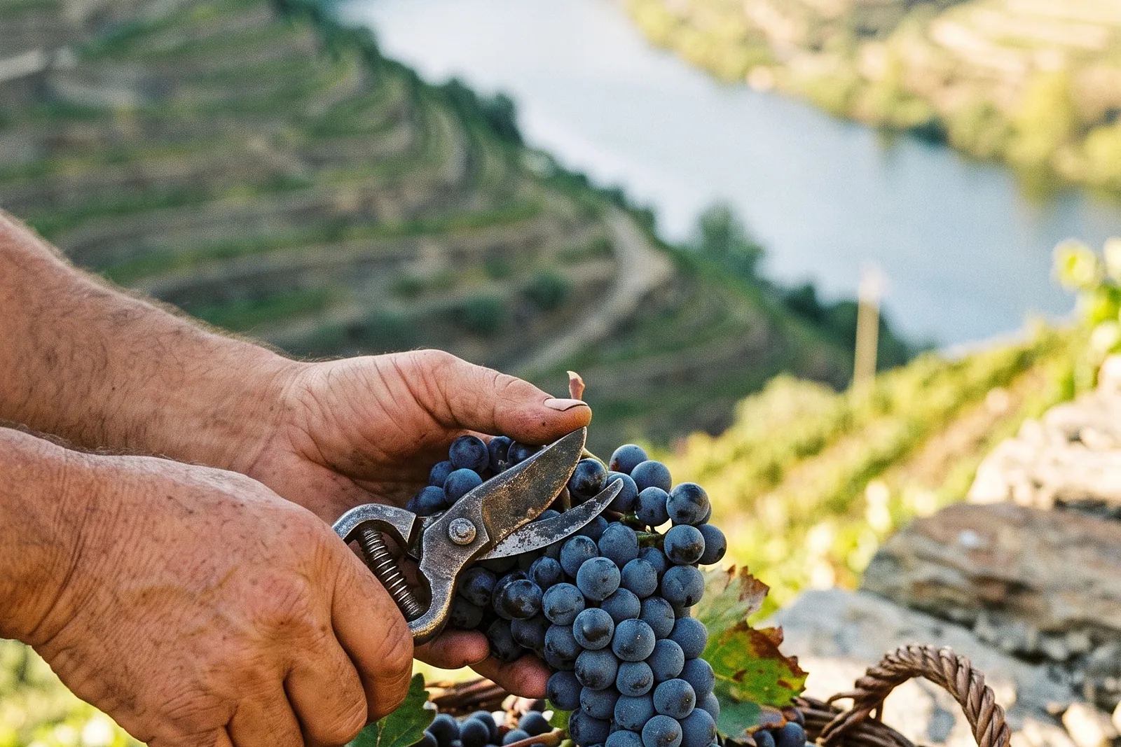 Des mains coupant une grappe de raisin au-dessus des terrasses du Douro